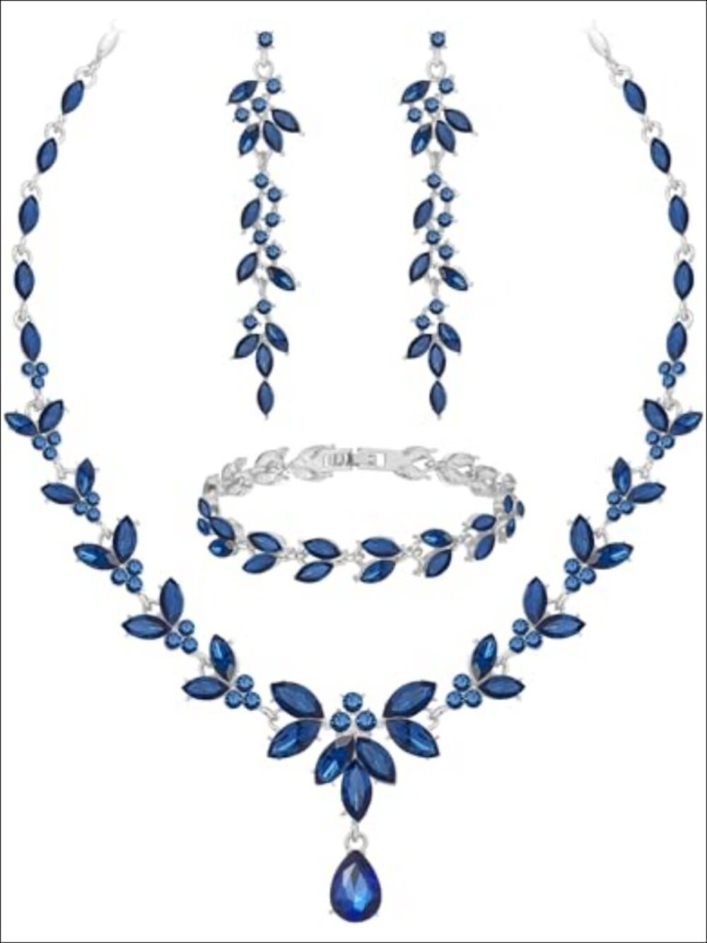 Paxuan Silver Plated Crystal Necklace Earrings Bracelet Set for Bride